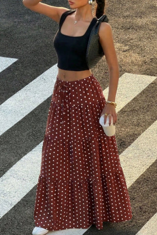 Polka Dot Tiered Drawstring Maxi Skirt
