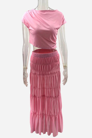 Draped Crop Top and Pleated Skirt Set