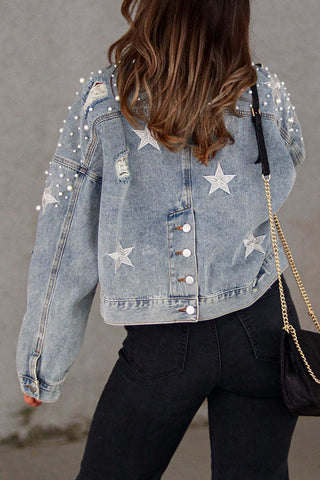 Pearl Star Embellished Distressed Denim Jacket