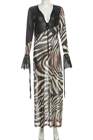 Zebra-Print V-Neck Long Sleeve Dress