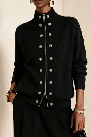 Mock Neck Zip Front Military Cardigan