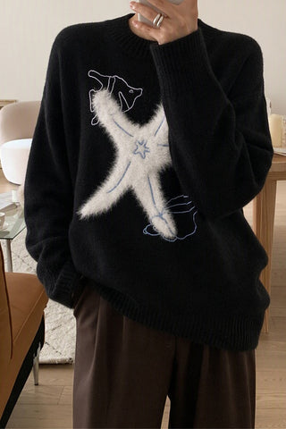 Fuzzy Star Graphic Crew Neck Sweater