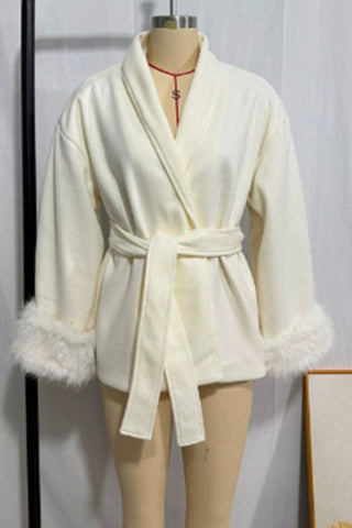 Faux Fur Cuff Wrap Belted Coat