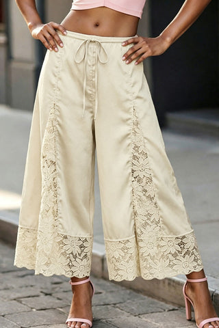 Lace Insert Drawstring Wide-Leg Casual Pants
