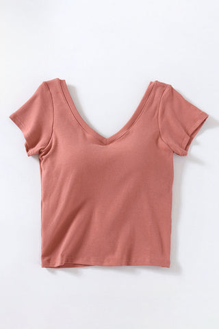 Built-In Bra V-Neck Short Sleeve T-Shirt