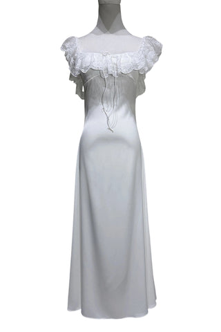 Lace Ruffle Off-Shoulder Satin Midi Dress