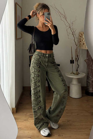 Side Button Detail Wide-Leg Pants