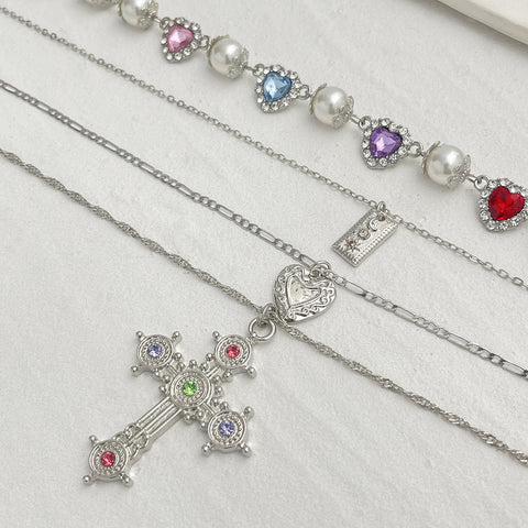 Layered Cross Heart Pendant Necklace