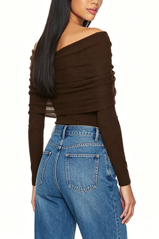 Sheer Ruched Off-Shoulder Long Sleeve Blouse