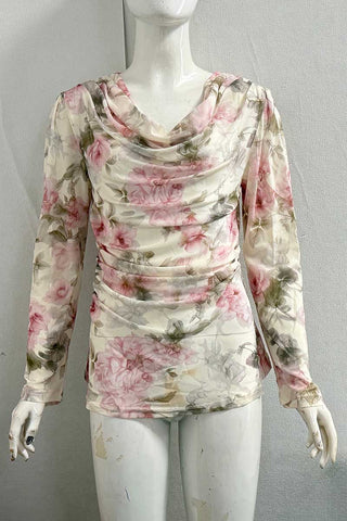 Sheer Floral Ruched Cowl Neck Top
