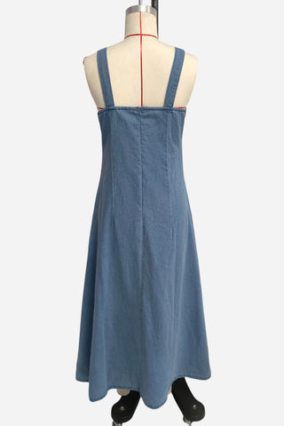 Button-Detail Denim Strap Maxi Dress