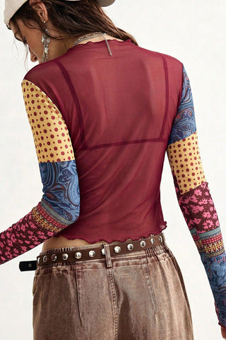 Sheer Mesh Floral Patchwork Mock Neck Top