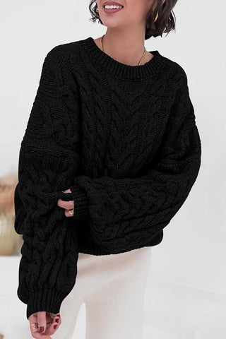 Cable Knit Crew Neck Balloon Sleeve Sweater