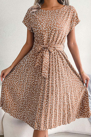 Belted Floral Pleated Casual Dress