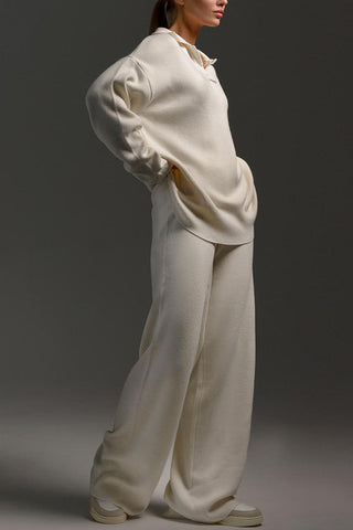 Knit Collared Top and Wide-Leg Pants Set