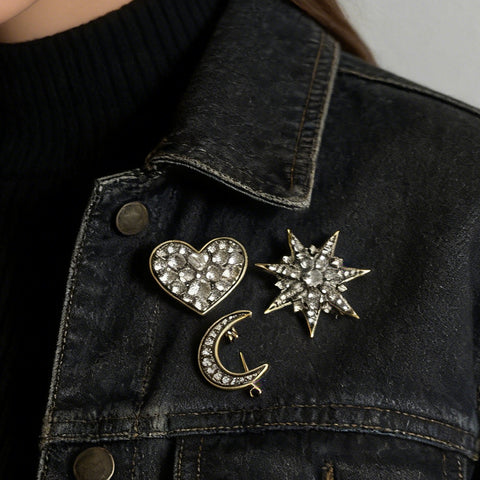 Crystal Star Moon Heart Brooch Set