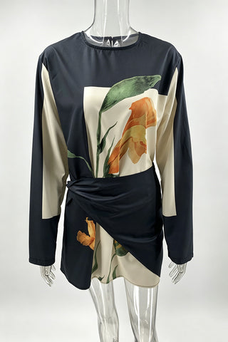 Floral Panel Long Sleeve Wrap Mini Dress