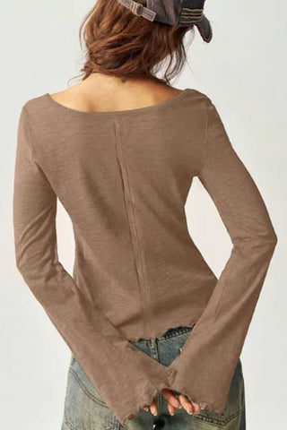 Square Neck Long Sleeve Ruffle Hem Top