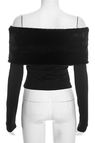 Faux Fur Off-Shoulder Long Sleeve Crop Top