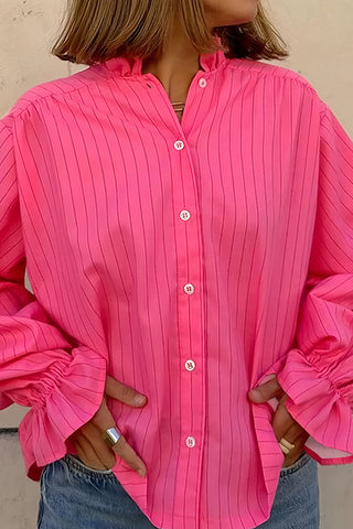 Striped Ruffle Cuff Button-Front Shirt