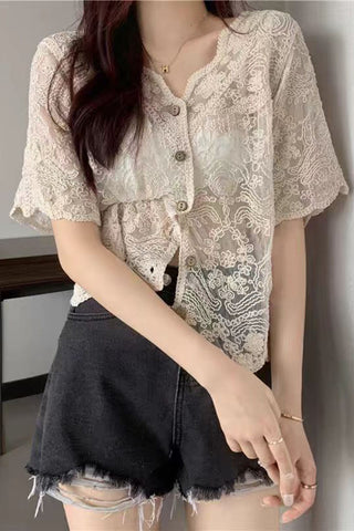 Floral Lace Button-Front Blouse