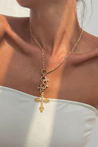 Layered Cross Charm Chain Necklace