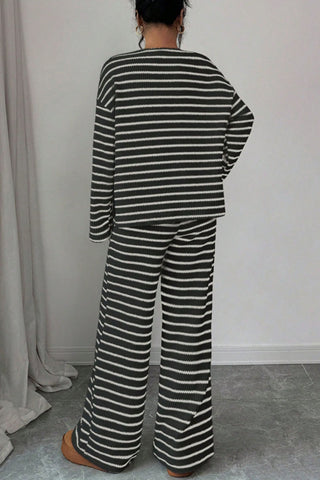 Striped Knit Crew Neck Pants Set