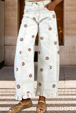 Daisy Print Ruffle Hem Wide Leg Pants