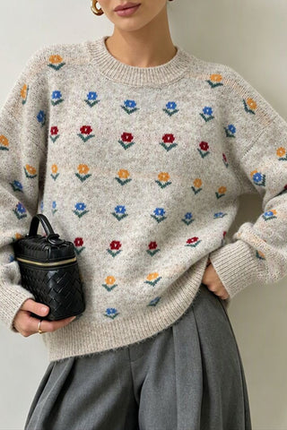 Floral Applique Crew Neck Knit Sweater