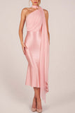 One-Shoulder Tie Neck Satin Midi Dress