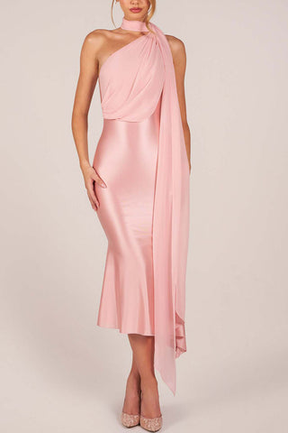 One-Shoulder Tie Neck Satin Midi Dress