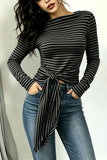 Striped Long Sleeve Tie-Front Blouse
