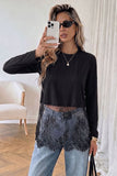 Sheer Lace Hem Long Sleeve Crew Neck Top