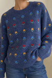 Floral Applique Crew Neck Knit Sweater