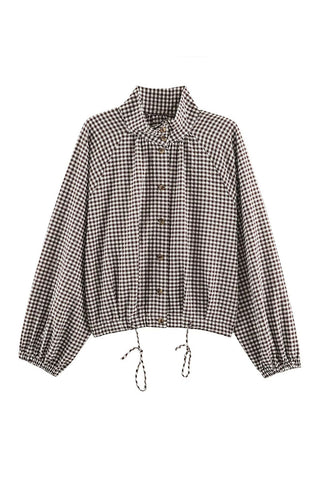 Plaid Stand-Collar Drawstring Jacket