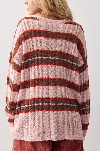 Striped Cable Knit Crew Neck Sweater