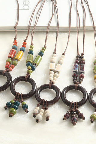 Wooden Ring Beaded Cord Necklace