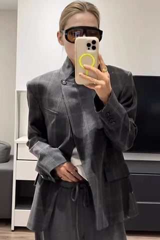 Plaid Stand-Collar Single-Button Blazer