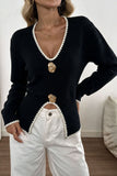 Contrast Trim V-Neck Button Sweater