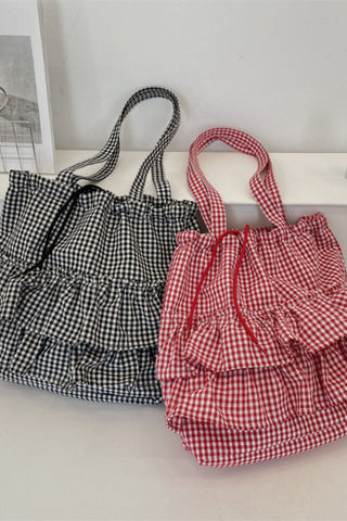 Gingham Ruffle Drawstring Tote Bag