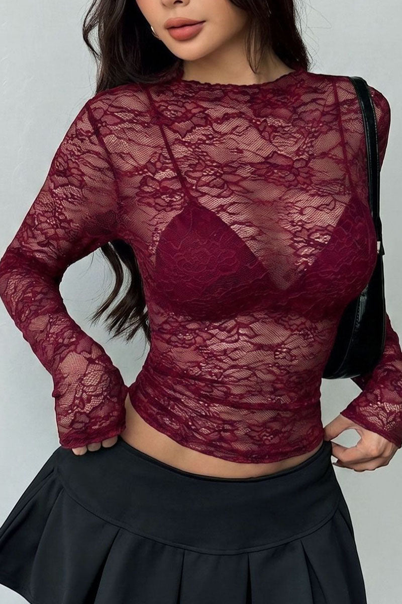 Floral Lace Long Sleeve Crop Top