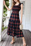 Plaid Ruffle Square Neck Midi Dress