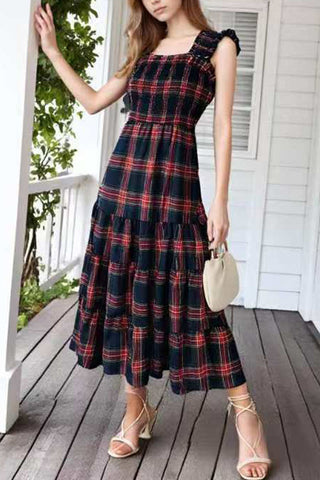 Plaid Ruffle Square Neck Midi Dress