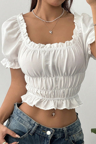 Ruffle-Trim Shirred Blouse