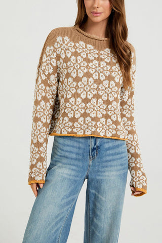 Floral Knit Crew Neck Crop Sweater