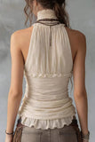 High Neck Ruffle Pleated Halter Top
