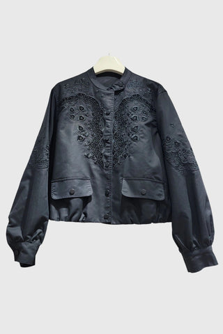 Embroidered Lace Mock Neck Puff Sleeve Jacket