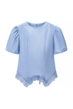 Round Neck Puff Sleeve Lace Trim Drawstring Blouse