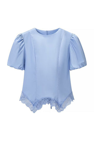 Round Neck Puff Sleeve Lace Trim Drawstring Blouse