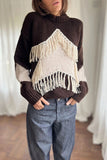 Fringe Colorblock Mock Neck Sweater